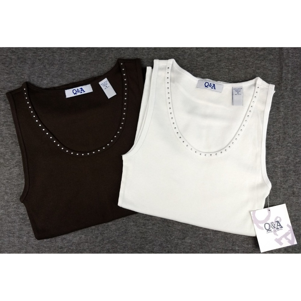 Q&A Ribbed Tank Top Studded Set of‎ 2 Dark Brown & White Women's M NEW NWT